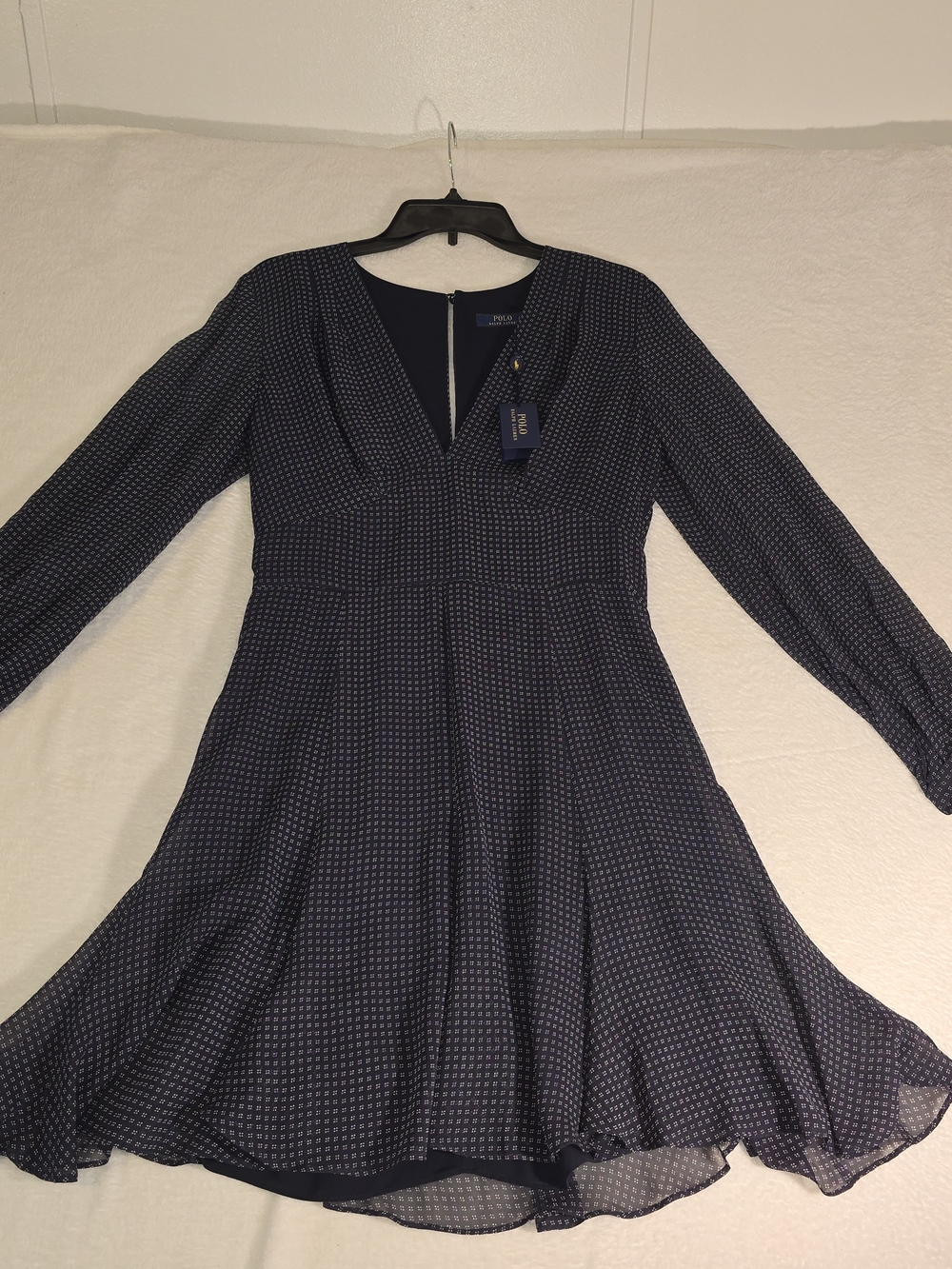 Polo Ralph Lauren Silk Long Sleeve Navy/White Print Dress Sz 4 NWT Flowy